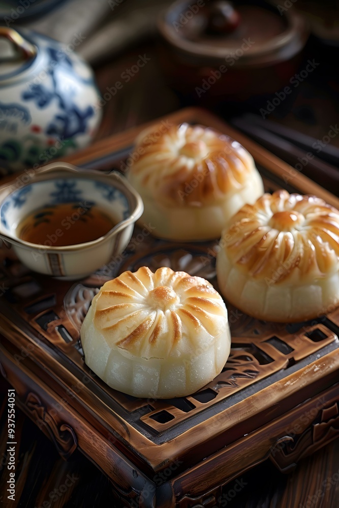 Close up of Delicious Chinese Moon Cakes on a Wooden Tray Close up of Delicious Chinese Moon Cakes on a Wooden Tray
