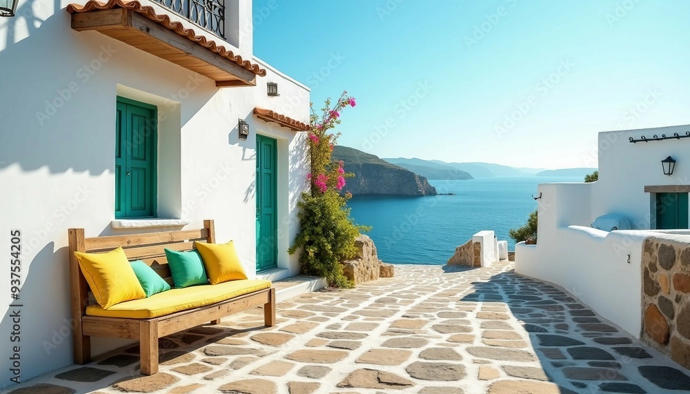 Fototapeta premium Charming white houses line a quaint street, with a cozy bench and a serene sea view under warm sunlight.