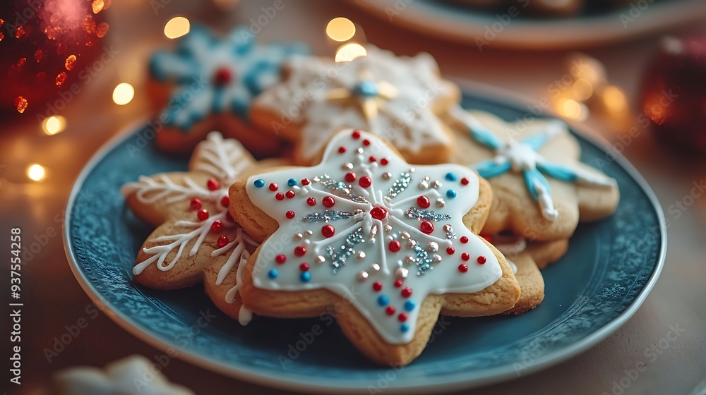 A festive plate of holiday cookies decorated with colorful icing and sprinkles. A festive plate of holiday cookies decorated with colorful icing and sprinkles.