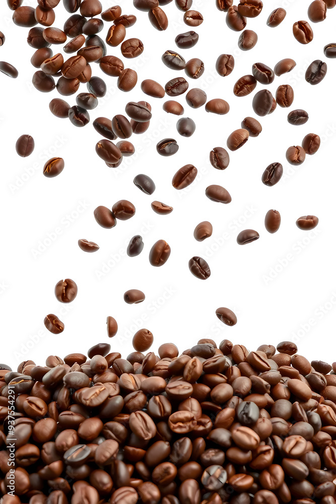 A cascade of roasted coffee beans falling from above onto a mound of beans below, set against a white background. A cascade of roasted coffee beans falling from above onto a mound of beans below, set against a white background.