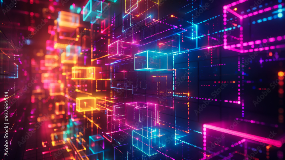 A colorful, neon-lit room with a lot of squares and dots. The room is filled with a lot of different colors and shapes, creating a sense of movement and energy. Scene is one of excitement. A colorful, neon-lit room with a lot of squares and dots. The room is filled with a lot of different colors and shapes, creating a sense of movement and energy. Scene is one of excitement.