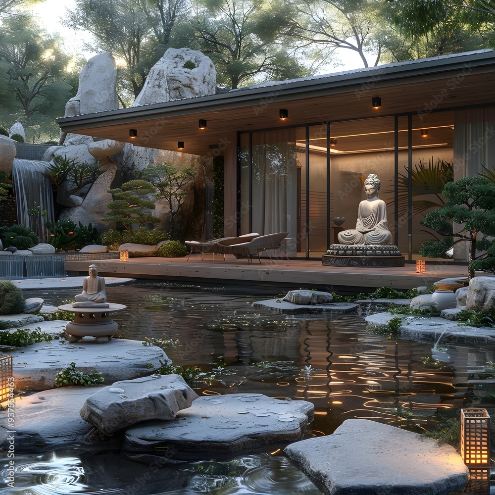 Obraz premium Serene Zen-Inspired Meditation Garden with Peaceful Atmosphere and Tranquil Ambiance