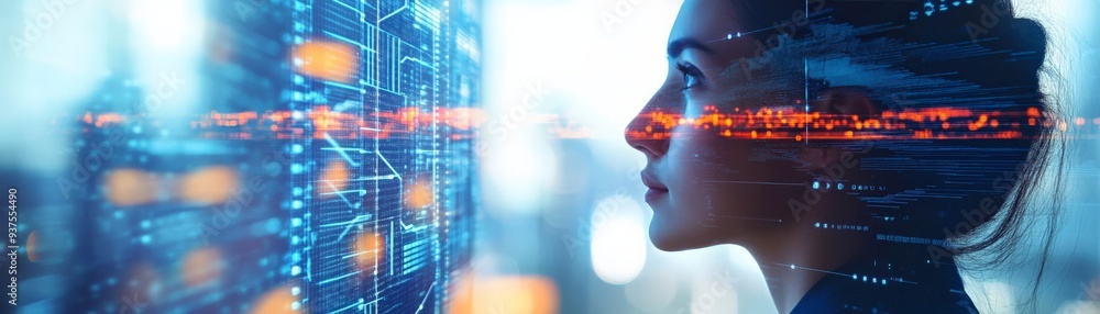 A profile of a woman looking at futuristic digital data displays, showcasing technology and innovation in data analysis. A profile of a woman looking at futuristic digital data displays, showcasing technology and innovation in data analysis.