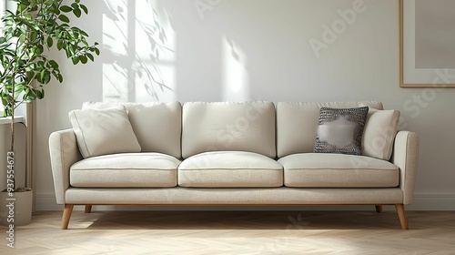 A modern, minimalist sofa in a bright, airy living room, creating a cozy and inviting atmosphere with natural light.