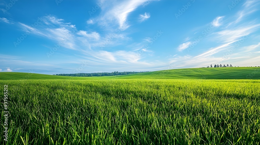 Obraz premium Early Morning Scenic Countryside Landscape with Clear Blue Sky and Lush Green Grass Field