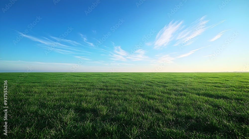 Expansive Green Meadow with Clear Blue Sky and Wispy Clouds Expansive Green Meadow with Clear Blue Sky and Wispy Clouds