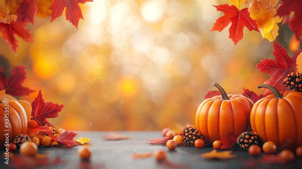 A beautiful autumn scene featuring pumpkins, colorful leaves, and a warm, inviting background perfect for seasonal decor.