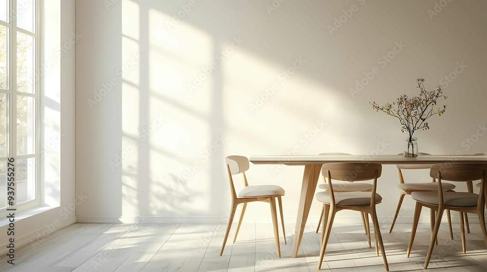 Fototapeta premium A serene dining area featuring a wooden table, chairs, and soft natural light for a warm, inviting atmosphere.