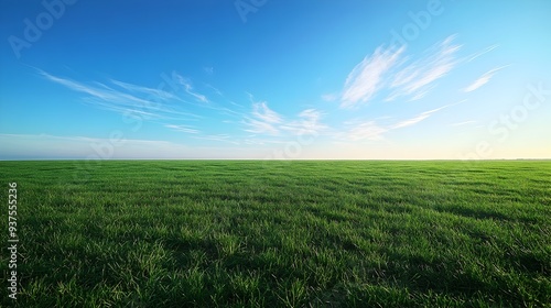 Expansive Green Meadow with Clear Blue Sky and Wispy Clouds