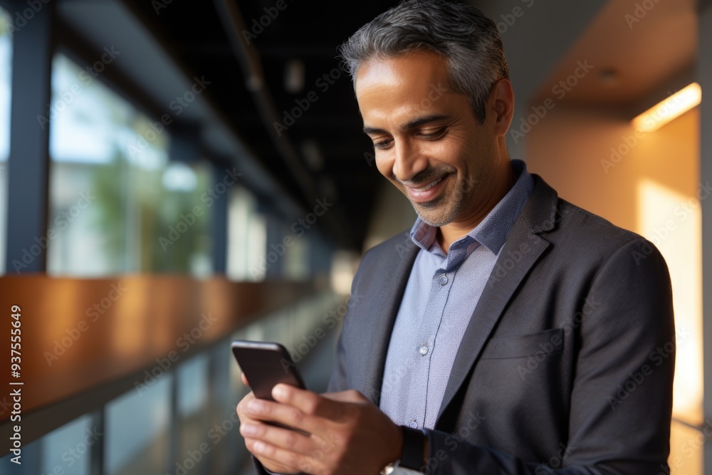 Man in a business suit using a smartphone indoors. Man in a business suit using a smartphone indoors.