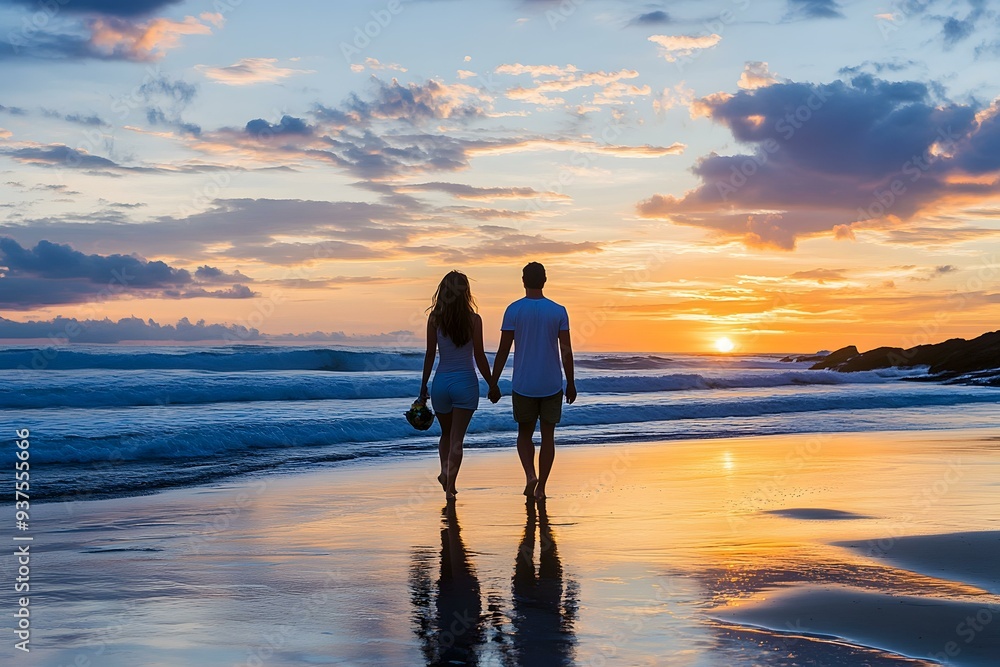 Fototapeta premium Couple Walking on Beach at Sunset