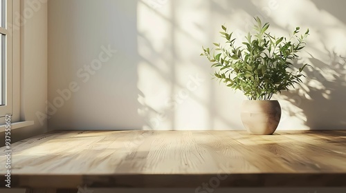 A sunlit wooden table with a potted plant, casting gentle shadows. A serene and fresh atmosphere for home decor inspiration.
