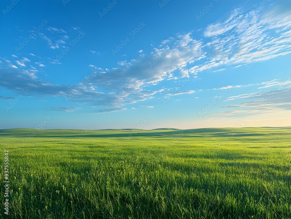 Breathtaking scenic view of lush green grassy field under blue sky with puffy clouds Breathtaking scenic view of lush green grassy field under blue sky with puffy clouds
