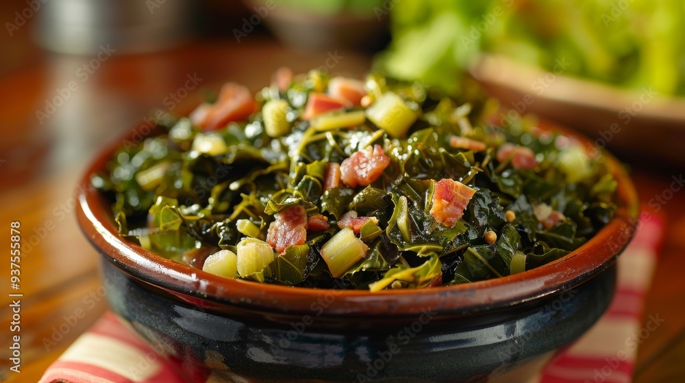 Southern Style Collard Greens with Bacon in Earthenware Bowl. Southern Collard Greens Southern Style Collard Greens with Bacon in Earthenware Bowl. Southern Collard Greens