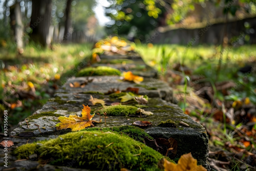 Stone Path Covered in Moss with Fallen Autumn Leaves Stone Path Covered in Moss with Fallen Autumn Leaves