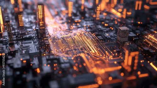 Abstract digital circuit microchip with glowing lights, representing futuristic technology and advanced electronic complexity.