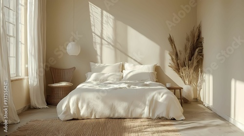 Cozy bedroom featuring soft linens, natural light, and minimalistic decor for a serene atmosphere.
