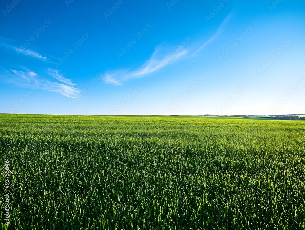 Fototapeta premium Expansive Lush Green Meadow Under Vibrant Blue Sky with Plenty of Clear Space