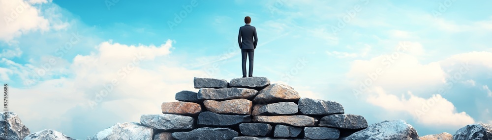A businessman stands triumphantly on a stone pile, symbolizing achievement, success, and reaching the peak of one's ambitions. A businessman stands triumphantly on a stone pile, symbolizing achievement, success, and reaching the peak of one's ambitions.