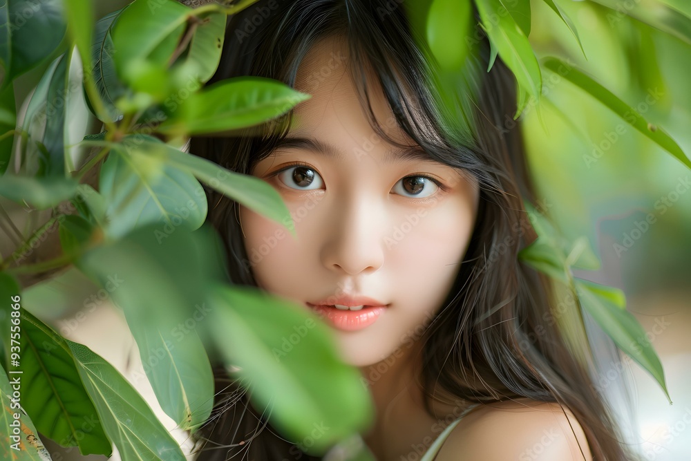 Beautiful Asian Woman with Green Leaves Beautiful Asian Woman with Green Leaves
