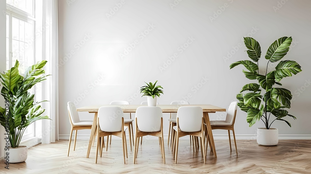 Modern dining room featuring a large wooden table surrounded by white chairs and decorative plants for a stylish ambiance. Modern dining room featuring a large wooden table surrounded by white chairs and decorative plants for a stylish ambiance.