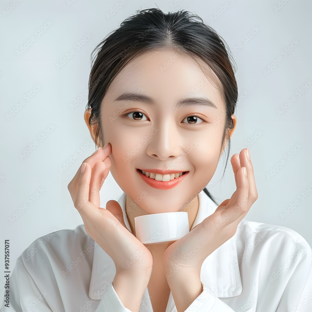 Smiling Asian Woman Holding a White Jar Smiling Asian Woman Holding a White Jar