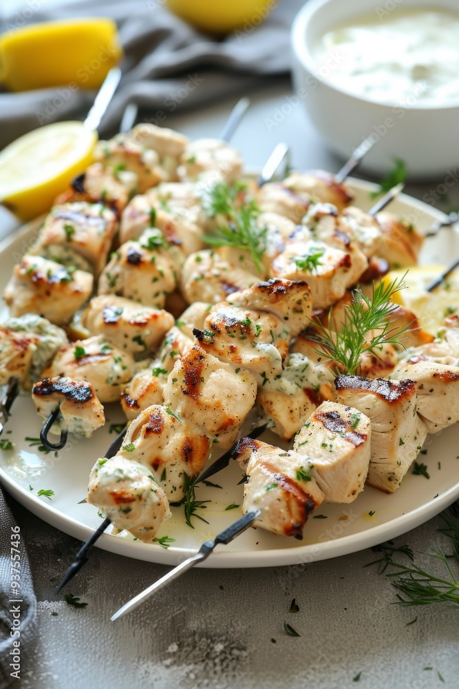 Grilled Chicken Skewers on Plate with Lemon . Greek Lemon Chicken Skewers with Tzatziki Sauce Grilled Chicken Skewers on Plate with Lemon . Greek Lemon Chicken Skewers with Tzatziki Sauce