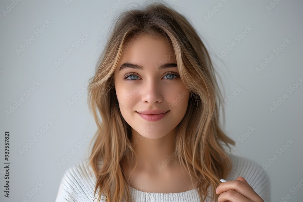Blonde Woman in White Sweater Smiling Confidently Blonde Woman in White Sweater Smiling Confidently