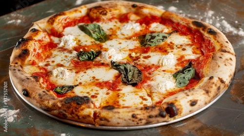 Freshly Baked Pepperoni Pizza with Basil on a Table. New Haven Apizza