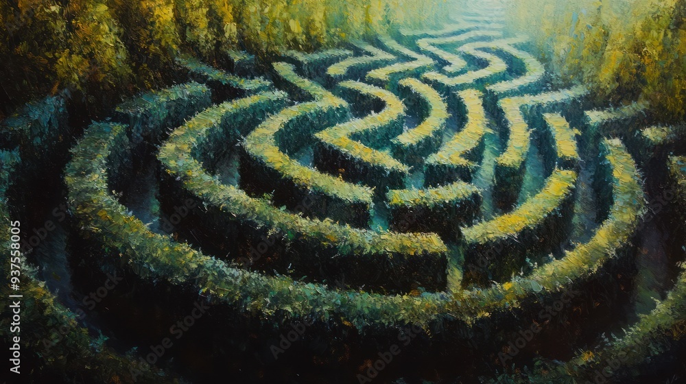 Dreamlike Forest Maze - A surreal oil painting of a lush forest maze with winding paths, bathed in ethereal light, creating a dreamlike atmosphere. Dreamlike Forest Maze - A surreal oil painting of a lush forest maze with winding paths, bathed in ethereal light, creating a dreamlike atmosphere.