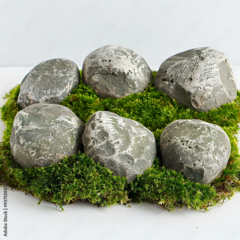 Green Moss and Stones on a White Background Green Moss and Stones on a White Background