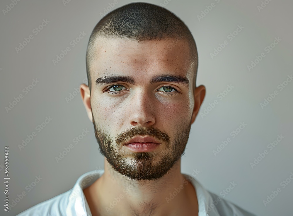 Portrait of a Handsome Man with Short Shaved Hair and a Beard Looking at Camera Portrait of a Handsome Man with Short Shaved Hair and a Beard Looking at Camera
