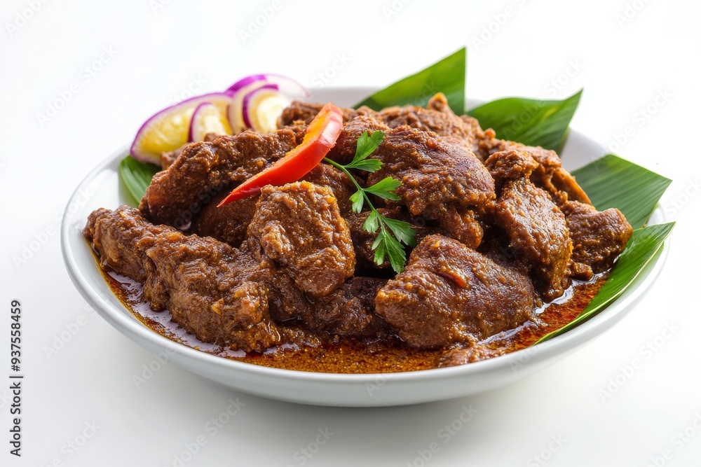 Duck Rendang, Made with duck meat, which has a richer flavor than chicken. isolated on white background Duck Rendang, Made with duck meat, which has a richer flavor than chicken. isolated on white background