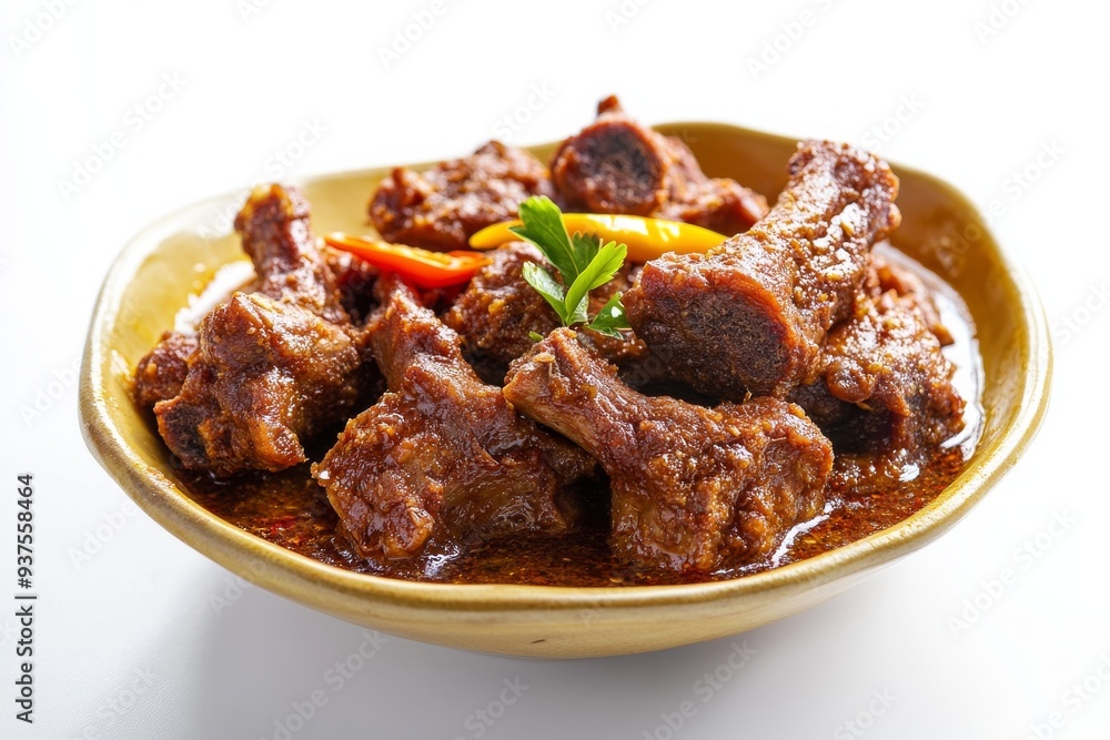 Duck Rendang, Made with duck meat, which has a richer flavor than chicken. isolated on white background Duck Rendang, Made with duck meat, which has a richer flavor than chicken. isolated on white background
