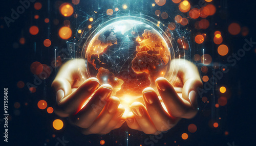 A person holding a globe with the world in the palm of their hands
