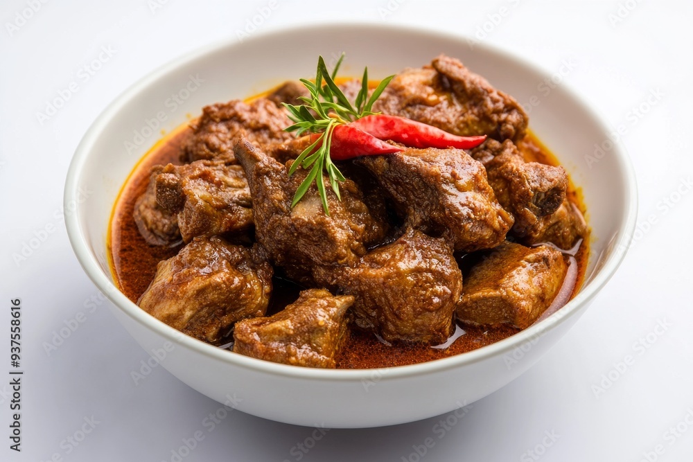 Duck Rendang, Made with duck meat, which has a richer flavor than chicken. isolated on white background Duck Rendang, Made with duck meat, which has a richer flavor than chicken. isolated on white background