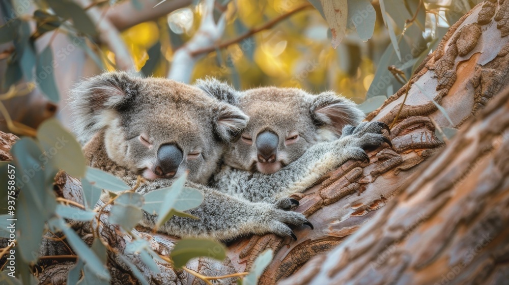 Cuddling Koalas Resting on Eucalyptus Tree Branches Cuddling Koalas Resting on Eucalyptus Tree Branches