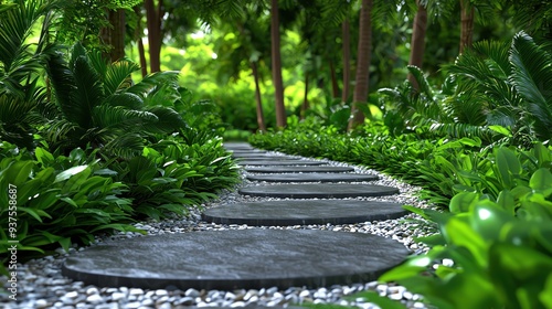 A serene garden pathway surrounded by lush greenery, inviting tranquility and nature appreciation. photo