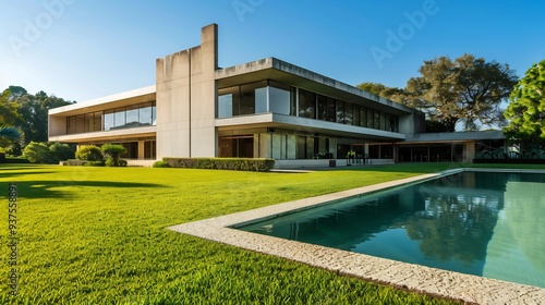 Modern Concrete House with Pool and Lush Green Lawn