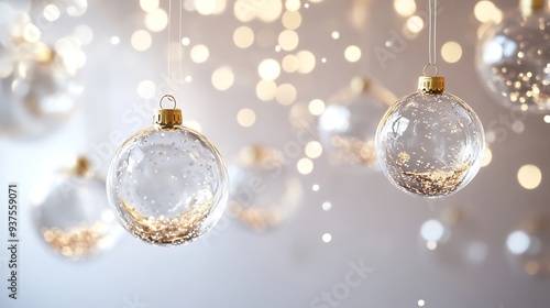 Clean white background decorated with floating clear balls, creating a dreamy, festive scene