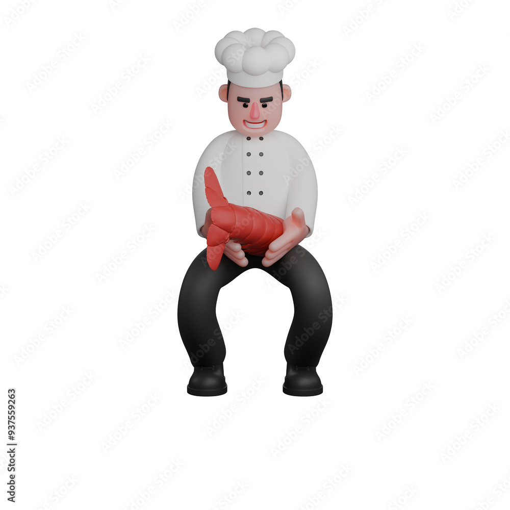 Professional 3D Male Chef. A chef is holding a large shrimp with both hands. Culinary Character Professional 3D Male Chef. A chef is holding a large shrimp with both hands. Culinary Character