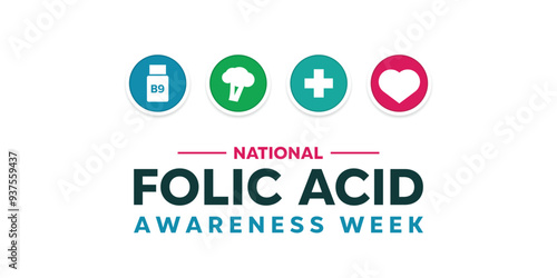 National Folic Acid Awareness Week. Vitamin b9, Broccoli, plus icon and heart. Great for cards, banners, posters, social media and more. White background.