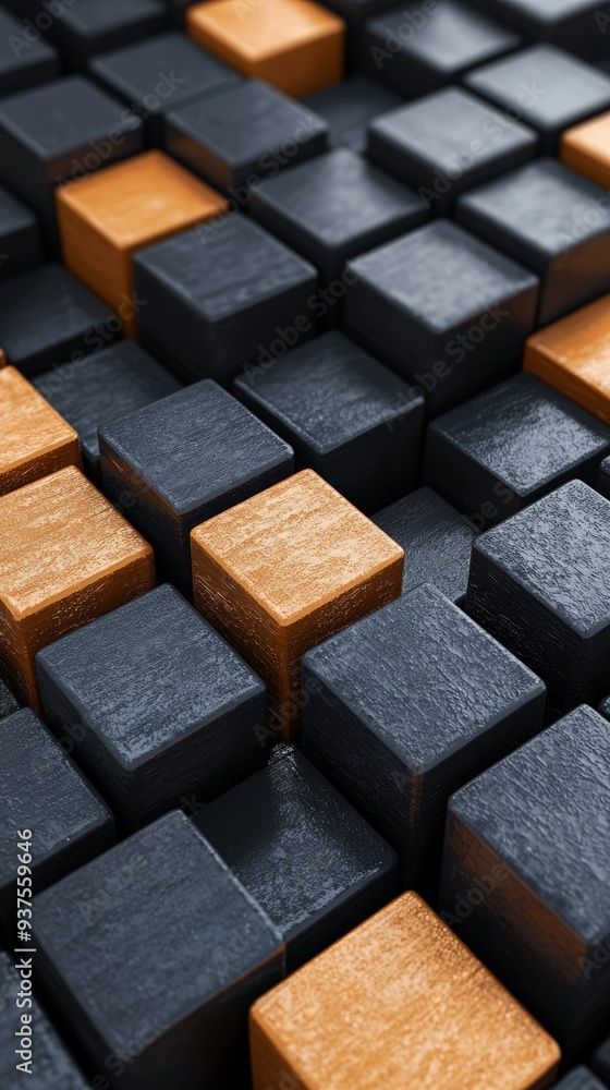 A close-up of stacked black and orange wooden cubes, showcasing a modern abstract design with geometric patterns. A close-up of stacked black and orange wooden cubes, showcasing a modern abstract design with geometric patterns.