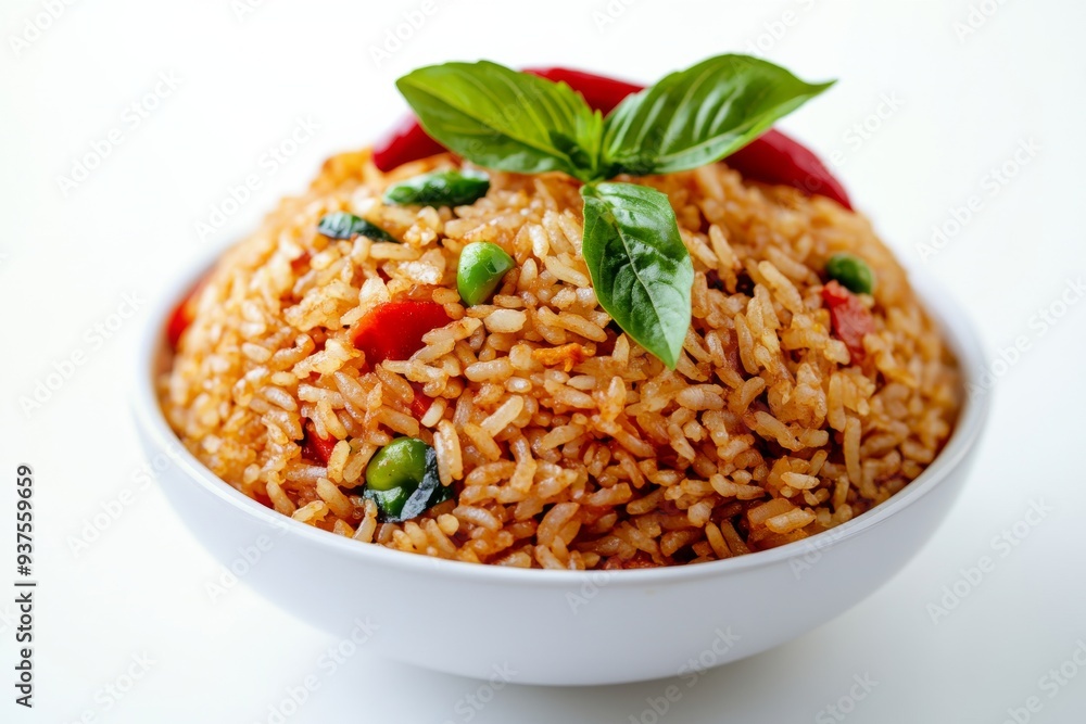 Javanese Fried Rice, Originating from Java, this fried rice is characterized by its use of sambal (chili paste) and petai (stink beans). isolated on white background Javanese Fried Rice, Originating from Java, this fried rice is characterized by its use of sambal (chili paste) and petai (stink beans). isolated on white background