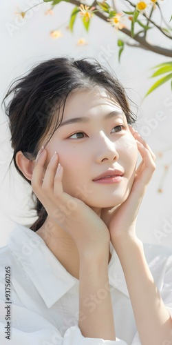 Portrait of a Young Asian Woman in a White Shirt Looking Up at the Sky