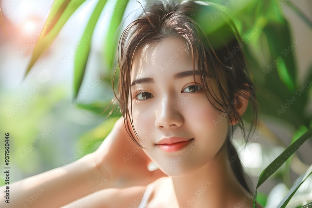 Beautiful Asian Woman with Wet Hair Posing in the Green Leaves Beautiful Asian Woman with Wet Hair Posing in the Green Leaves