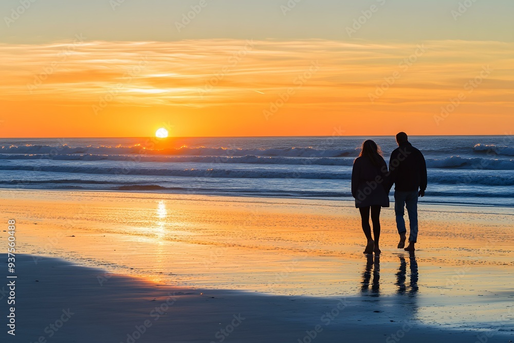 Couple Walking on Beach at Sunset Couple Walking on Beach at Sunset