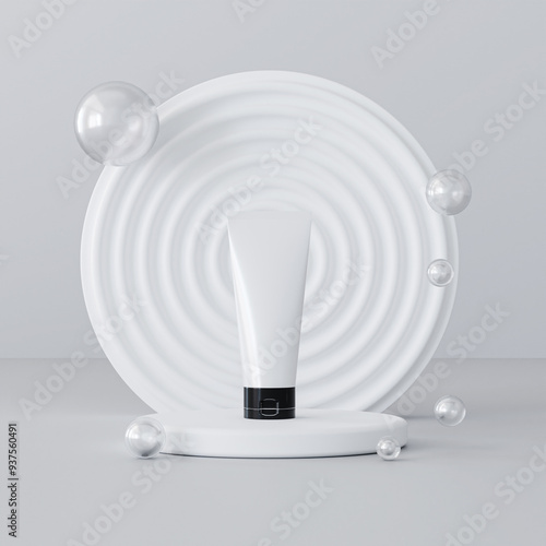Minimalist White Cosmetic Tube with Black Cap Displayed on Circular Rippled Pedestal Surrounded by Floating Translucent Spheres in Modern Abstract Composition