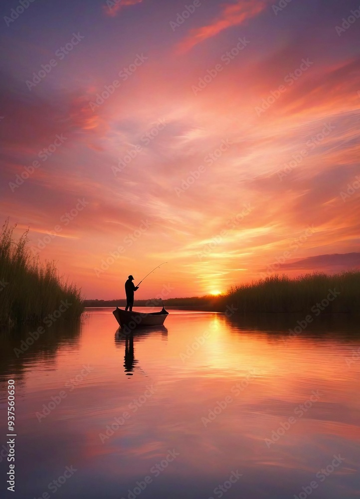 Man fishing in a wooden boat on a calm lake at sunset, with mirror-like reflections.
Man fishing in a wooden boat on a calm lake at sunset, with mirror-like reflections.