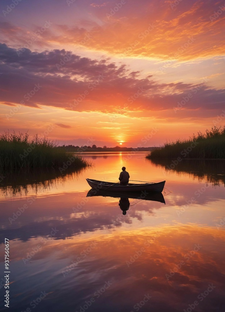 Man fishing in a wooden boat on a calm lake at sunset, with mirror-like reflections.
Man fishing in a wooden boat on a calm lake at sunset, with mirror-like reflections.
